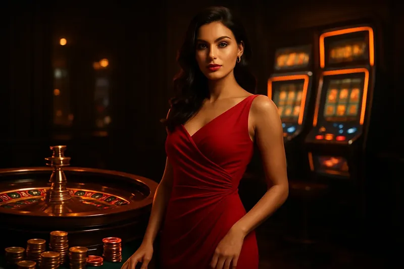Beautiful woman in red dress posing confidently near roulette and slot machines in a luxurious Bangladeshi casino with neon lights, gold coins, and poker chips