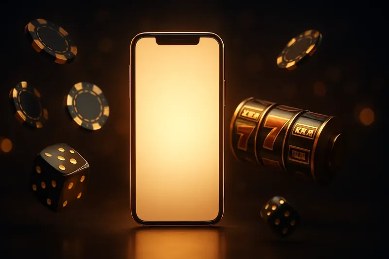 Glowing smartphone surrounded by casino chips, slot reels, and dice on a dark luxurious background